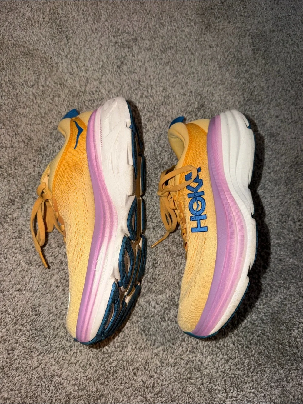 Hoka Women's W BONDI 8 Orange Athletic Running Shoes Purple and Blue Accents